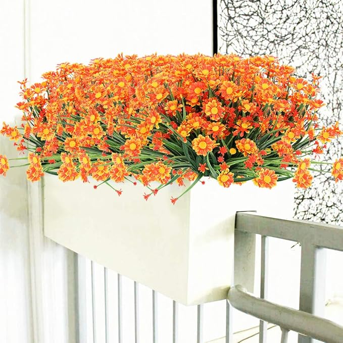 Artificial Daisies Flowers Outdoor UV Resistant 4 Bundles Fake Foliage Greenery Faux Plants Shrubs Plastic Bushes for Window Box Hanging Planter Farmhouse Indoor Outside Decor(Orange Red)