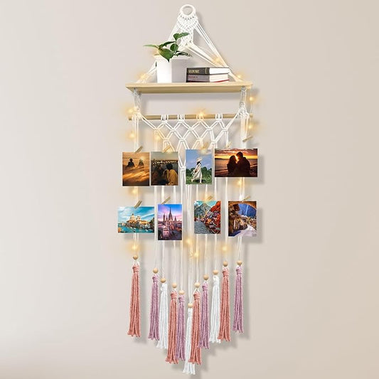 Macrame Wall Hanging Bohemian Photo Display Holder with Wooden Shelf Tassels Decorative LED Light Strings Hooks 20 Clips Boho Art Picture Card Hangers Handmade Tapestry Romantic Gift - Pink