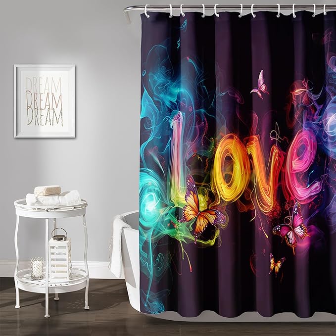 AILONEN Love Theme Shower Curtain for Bathroom,Romantic Smoky Butterfly Bath Curtain,Gradient Love Shabby Chic Print Black Shower Curtain with 12 Plastic Hooks,Waterproof 72" W*84" H