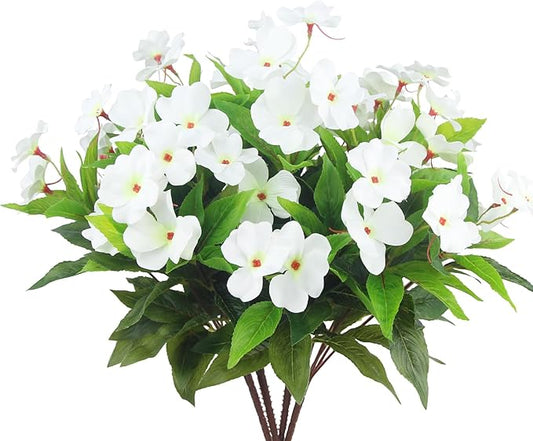 4 Pcs Artificial Flowers Outdoor Impatiens UV Resistant Silk Impatiens Flowers White Faux Flowers Impatiens Bushes Artificial Impatiens for Pot Patio Lawn Garden Hanging Basket Porch Decor