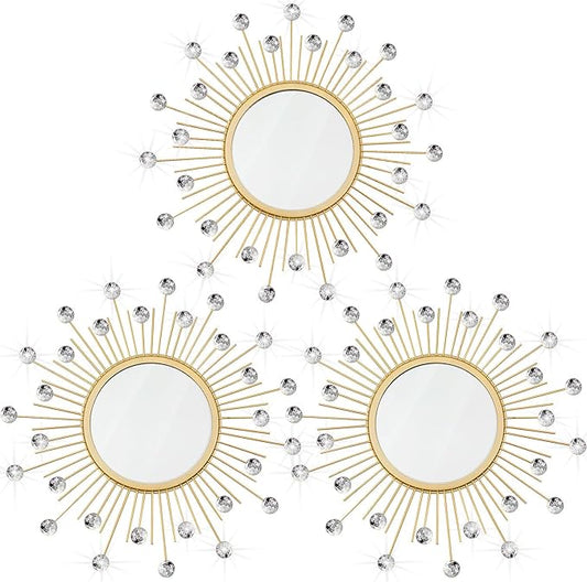 3 Pack Metal Mirrors for Wall Sunburst Wall Mirrors Home Décor Decorative Hanging Wall Art for Living Room Bedroom Entryway (Gold Crystal, Sunburst)