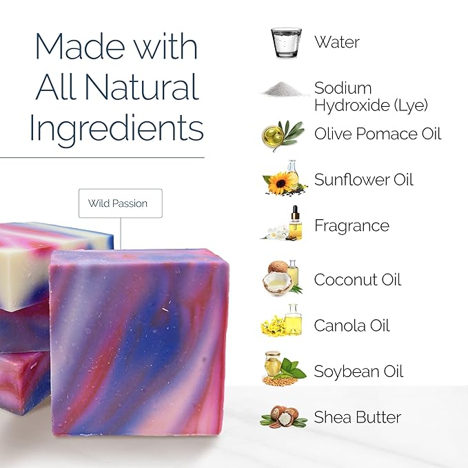 Handmade Natural Bar Soap Gift Set - 100% All Organic Vegan Bath Moisturizing Handmade Artisan Scented Cold Process Fragrant Soaps with Essential Oil - 4 Pack (Wild Passion)
