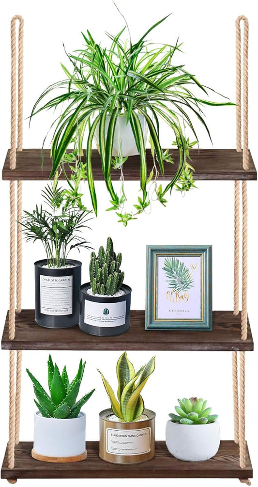 Hanging Shelf - 3-Tier Boho Wall Shelf for Plants Indoor - Wooden Decor Rope Shelf - Window Plant Hanger Home Farmhouse Bathroom Rustic Bedroom Decor