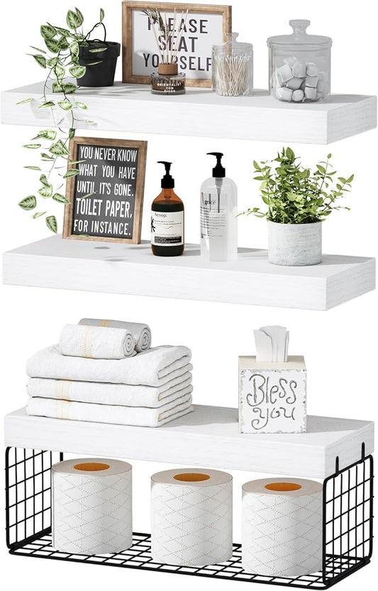 QEEIG Bathroom Shelves Over Toilet - Wall Mounted Floating Shelves Toilet Paper Storage Small Farmhouse Decor Shelf 16 inch Set of 3, White and Black (019-WB3)