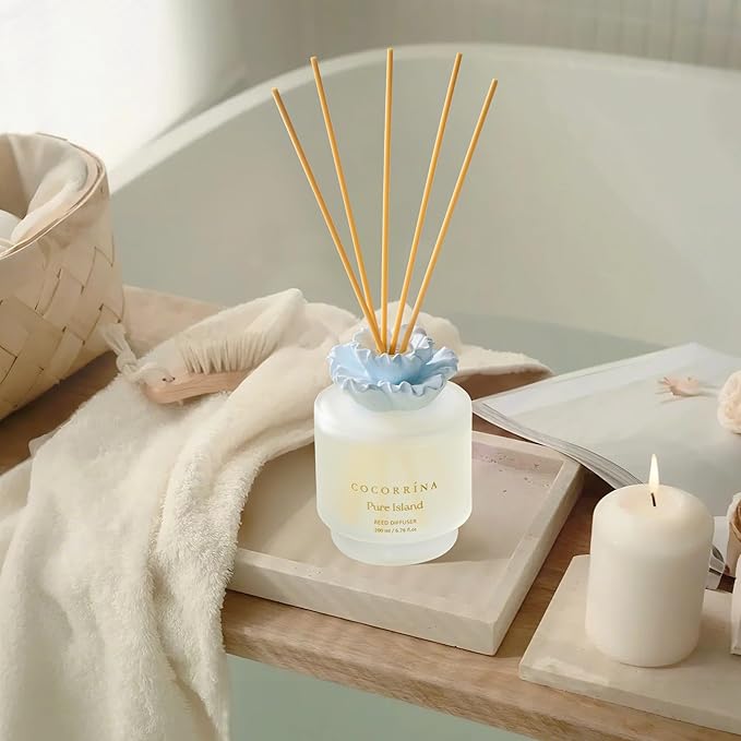 Cocorrina Gypsum Flower Reed Diffuser Set for Bathroom Décor – Pure Island Scent, 6.76 oz with Sticks & Oil – Home Fragrance for Bathroom & Living Space