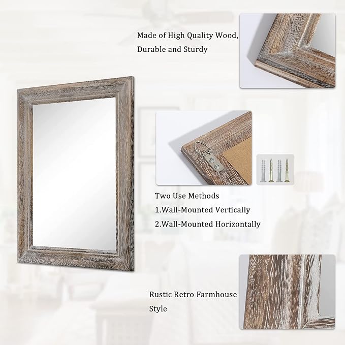 Rustic Mirror 20"x16" with Decorative Wood Framed Farmhouse Retro Hanging Wall Mirrors for Bathroom Bedroom Entryway