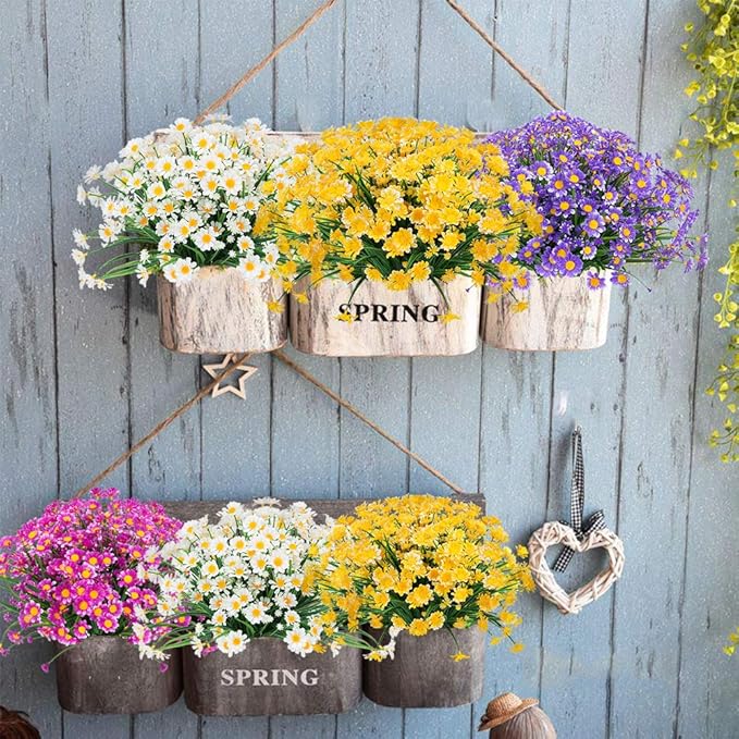 8 Bundles Artificial Daisies Flowers Outdoor UV Resistant Fake Foliage Greenery Faux Plants Shrubs Plastic Bushes for Window Box Hanging Planter Farmhouse Indoor Outside Decor(Yellow)