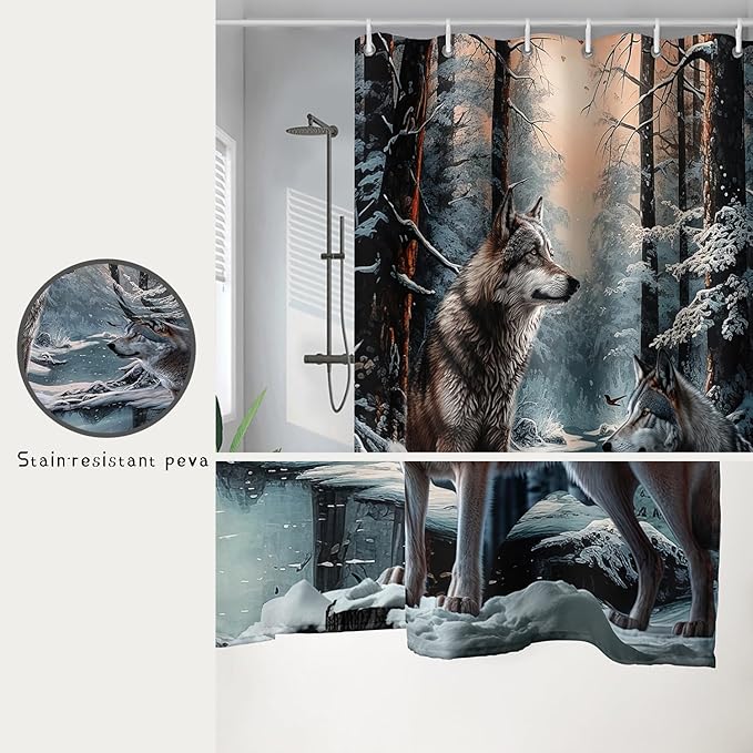 AILONEN Snow Wolf Shower Curtain 36" W*72" H for Boys,Winter Wild Animal Wolf Bathroom Decor,Safari Animal Wolf Printed Bath Curtain Waterproof Bath Curtain with Grommets and 12 Hooks