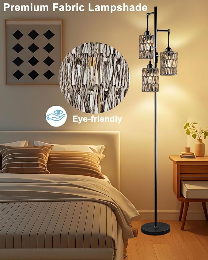 Lightdot 67" Dimmable Floor Lamp for Living Room, Industrial 3-Light Tree Floor Lamp with Black Rattan Cages, Bohemian Tall Standing Lamps, Modern Floor Lighting for Bedroom Office, E26 Base