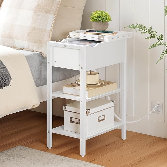 HOOBRO End Table with Charging Station, Narrow Side Table, Flip Top Nightstand with USB Ports and Outlets, Bedside Tables with Shelf for Small Spaces, Living Room, White WT341BZ01