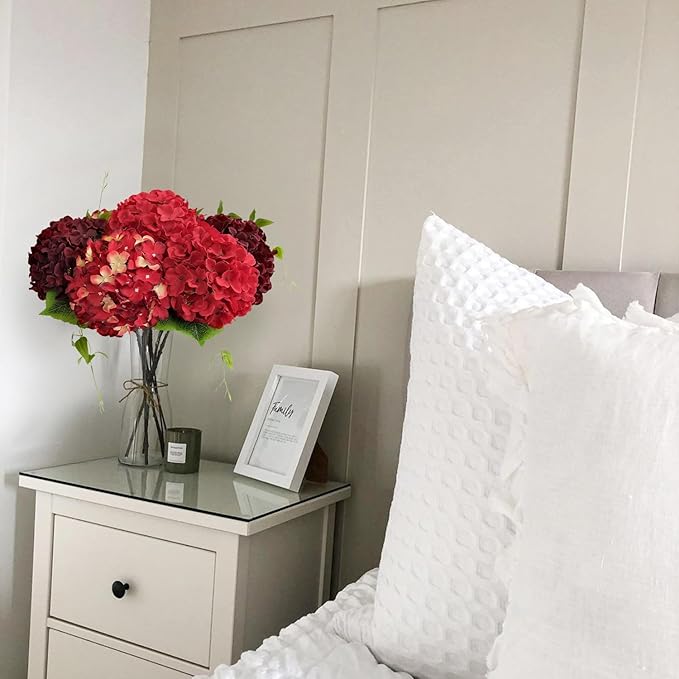 5Pcs Burgundy Silk Hydrangea Artificial Flowers, 20Inch Large Lifelike Flowers,Halloween Christmas Artificial Hydrangeas for Indoor Bouquet Table Centerpieces Floral Arrangements Home Wedding