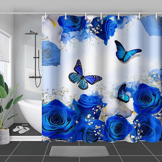 AILONEN Butterfly Shower Curtain for Girl Women,Blue Rose Shower Curtain Butterfly Floral Decor Bath Curtain 72" W*72" H Polyester Fabric Waterproof Bathroom Bathtub Curtain with 12 Hooks