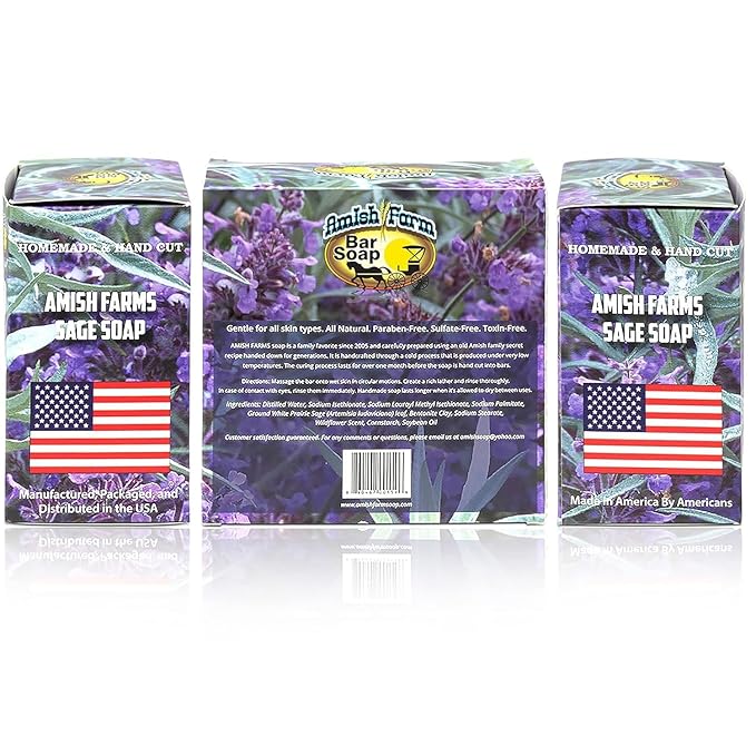 Amish Farms Sage Soap Bar, Original Recipe with Bentonite Clay, Lavender Scent – Handmade in USA, Face & Body Soap Scrub, No Parabens, No SLS, Gentle for Sensitive Skin (4 Bars)