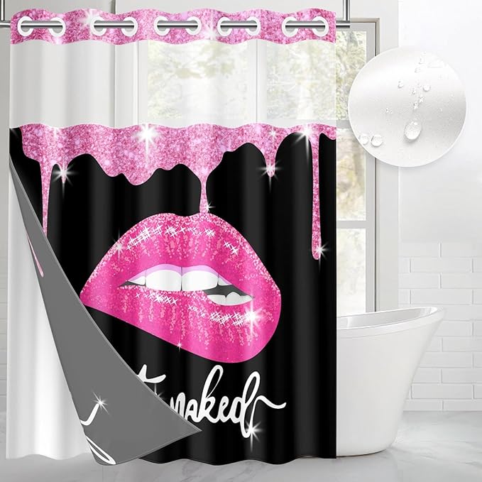 Pink Lips No Hook Shower Curtain with Snap in Liner, Diamond Glitter Get Naked Black Bath Curtain with Double Layers Waterproof Fabric and Mesh Top Window 71x74 Inch