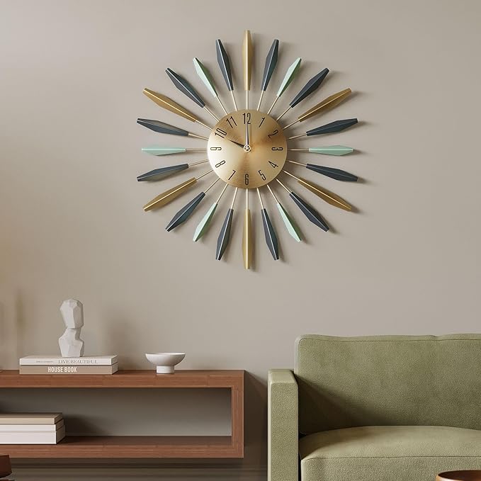 Mid Century Modern Wall Clock, 22 Inch Large Metal Wall Clock for Living Room Decor, Colorful Sunburst Starburst Decorative Clocks Silent Battery Operated for Kitchen Bedroom Office