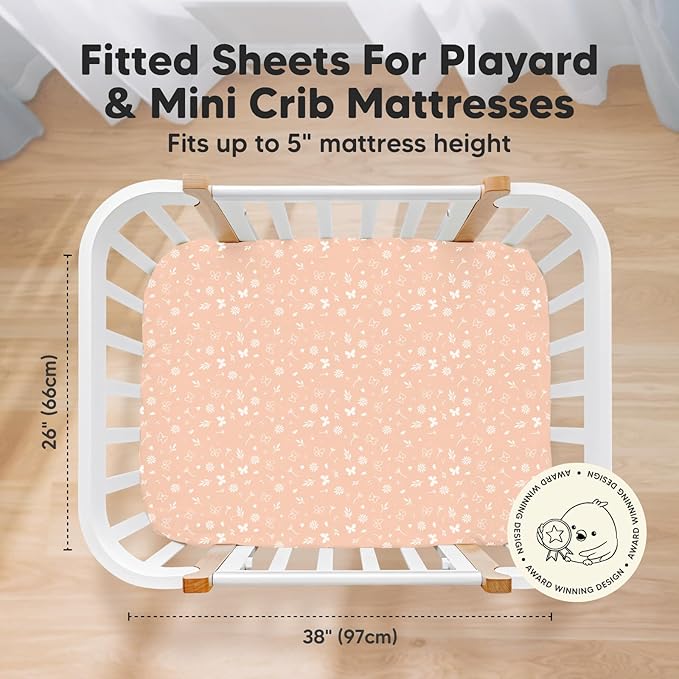 Pack and Play Sheets Fitted, 2-Pack Mini Crib Sheets - Pack N Play Sheets, Organic Fitted Crib Sheet for Pack and Play Mattress, Playard Baby Crib Sheets, Crib Sheets Neutral for Boys (Butterflies)