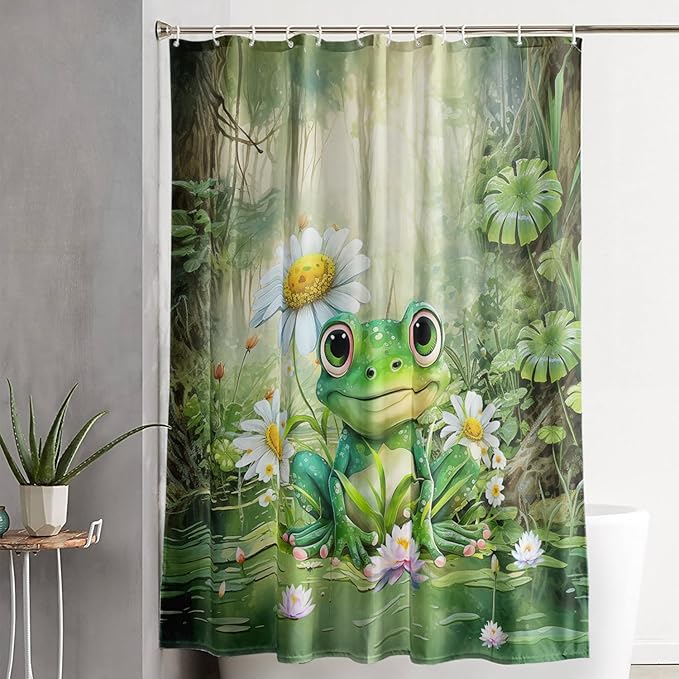 AILONEN Cartoon Frog Shower Curtain,Green Frog with Daisy Bath Curtain Set for Kids Boys Girls,Tropical Amphibian Waterproof Fabric Shower Curtain,Nature Shower Curtain for Bathroom,36" W*72" H