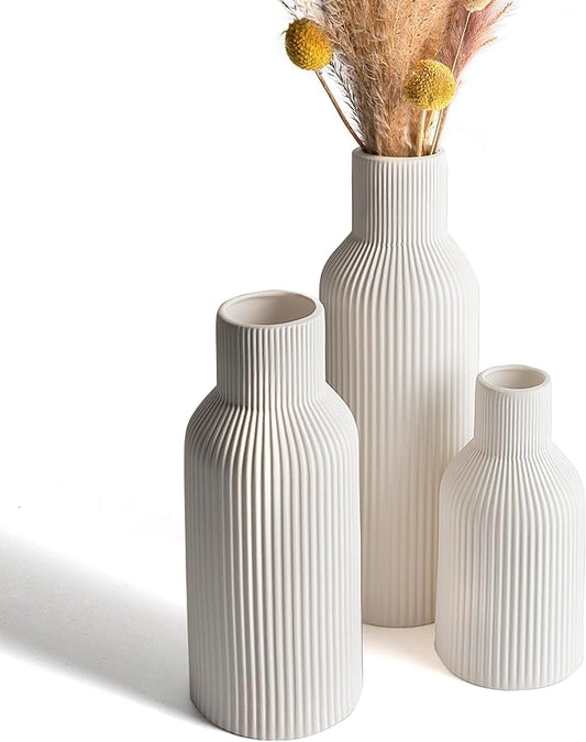 White Ceramic Vases Set of 3,Farmhouse Decor, Home Decor, Pampas Grass Vases for Kitchen, Bedroom, Office, Living Room, Bathroom, Wedding, Entryway, Table Centerpieces, Gifts Women Mom