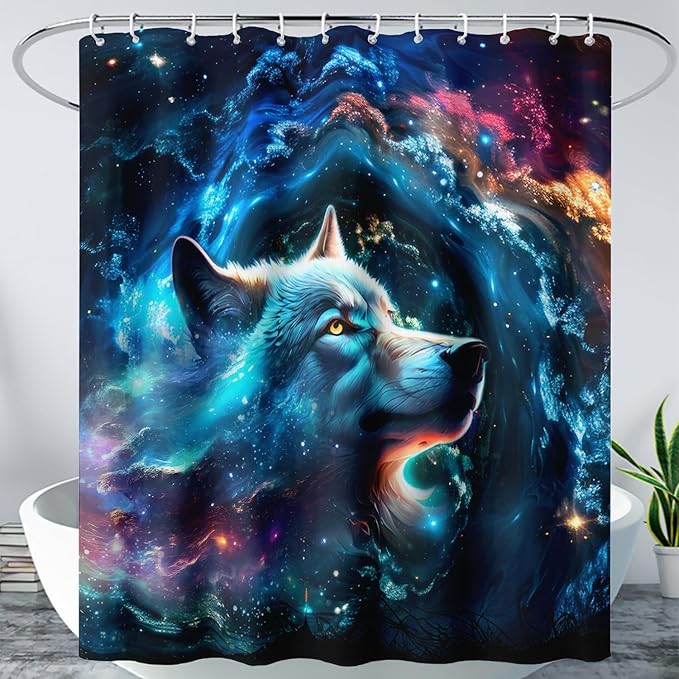 AILONEN 3D Wolf Shower Curtain for Bathroom,Blue Space Galaxy Starry Clouds Wolf Printed Bath Curtain,Boys Teen Kids Wild Animal Wolf Decoration Shower Curtain Waterproof 72" W*72" H
