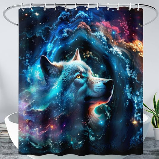 AILONEN 3D Wolf Shower Curtain for Bathroom,Blue Space Galaxy Starry Clouds Wolf Printed Bath Curtain,Boys Teen Kids Wild Animal Wolf Decoration Shower Curtain Waterproof 72" W*72" H