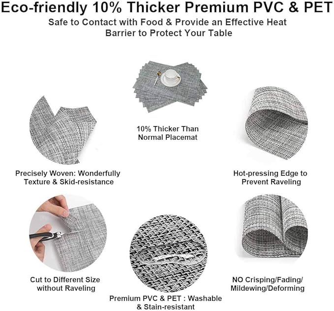 GIVERARE Placemats Set of 6, Heat-Resistant Woven Vinyl Place Mat, Non-Slip Washable PVC Table Mats, Easy to Clean Premium Plastic Place at for Dining, Kitchen Table (Smoky Gray)