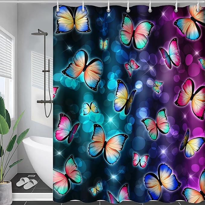 AILONEN Colorful Butterfly Shower Curtains,Gradient Butterfly Bath Curtain for Bathroom Decor,Polyester Waterproof with 12 Plastic Hooks 72" W*78" H