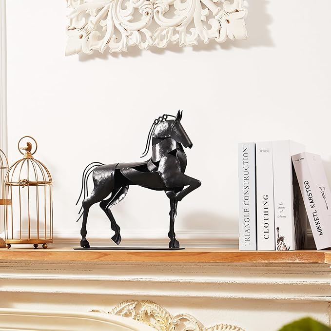 Horse Statue, Unique Metal Art Sculpture for Vintage Home Decor, Modern Decor, Gift for Horse Lovers (Black)