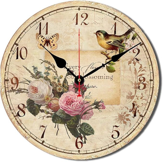 Catuy 12 Inch Wood Wall Clock Silent Non-Ticking Wall Clocks for Office,Bathroom,Living Room,Dining Room,Kitchen Decoration, Flowers/Birds Style Round Hanging Clock