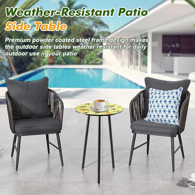 2 Packs Metal Mosaic Round Side Table 13.2" Small Outdoor Patio Round Accent Coffee Tables Indoor Corner Stand for Small Spaces Weather-Resistant for Balcony Plant Stand, Yellow Bee