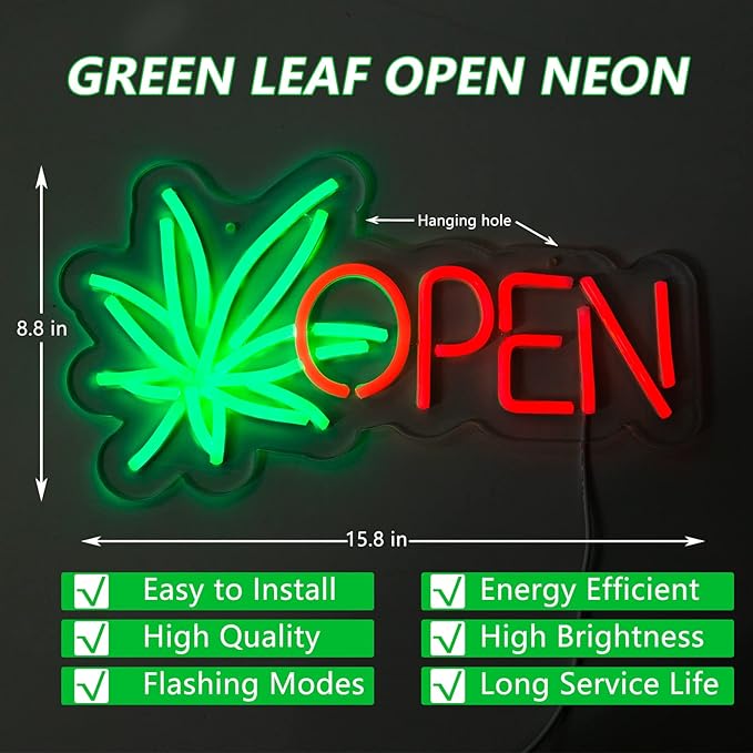 Open Neon Sign, Neon Signs for Wall Decor, Dimmable Neon Green Leaf LED Signs for Bedroom Aesthetic, Light Up Neon Signs for Hotel Beer Bar Man Cave Club Pub Party Decorations