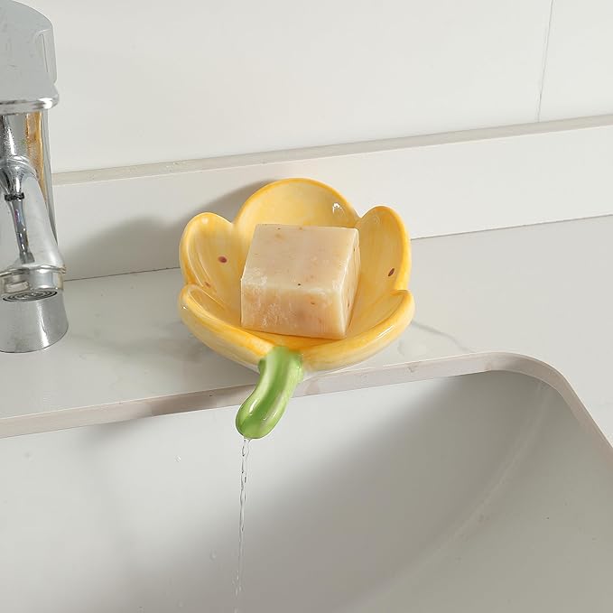 Ankah Decorative Ceramic Soap Box, Flower Shape Soap Dish, Self-Draining to Keep Dry Stop Mushy Soap Holder, Easy Cleaning, Best for Shower Bathroom and Kitchen (Tulip, Yellow)