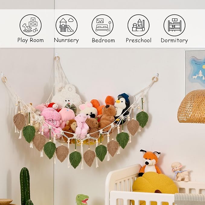 Pretty Jolly Macrame Leaf Wall Hanging Storage Hammock, 59" Boho Corner Organizer with Tassels, Stuffed Animal Plush Holder for Kids Room Nursery Decor (Avocado Green & Milk Coffee)