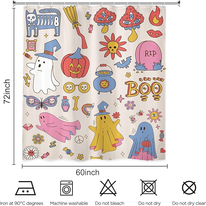 70s 60s Halloween Cute Shower Curtain 60Wx72L Inch Groovy Funky Hippie Kids Retro Child Ghost Pumpkin Mushroom Scary Bathroom Set Accessories Decor Polyester Waterproof with 12 Pack Hooks