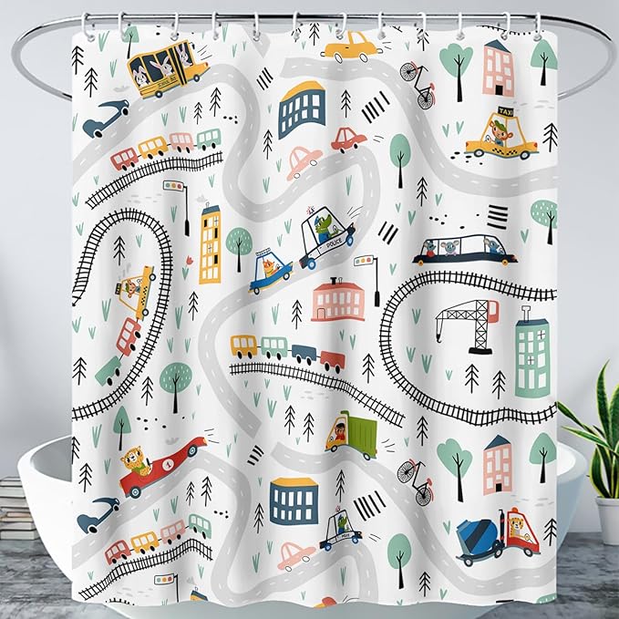 AILONEN Construction Truck Shower Curtain, Kids Cartoon Train Vehicle Tractor Cars Bath Curtain for Boys,White Road Map Bathroom Decor Waterproof Fabric 60" W*72" H Inch with 12 Plastic Hooks