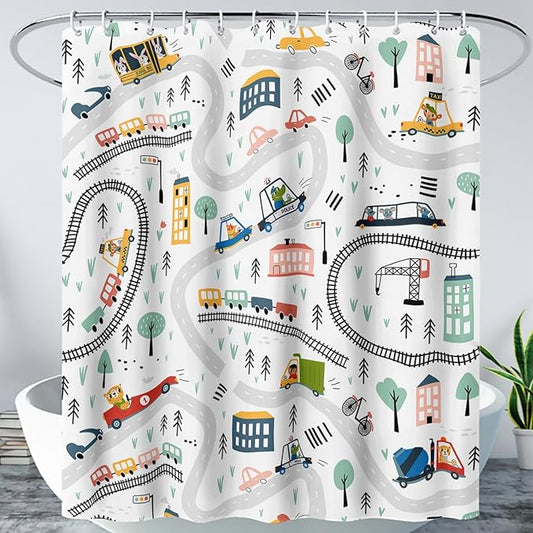 AILONEN Construction Truck Shower Curtain, Kids Cartoon Train Vehicle Tractor Cars Bath Curtain for Boys,White Road Map Bathroom Decor Waterproof Fabric 36" W*72" H Inch with 12 Plastic Hooks