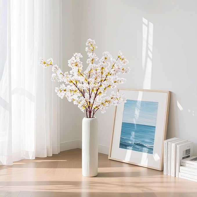 SITUMEIZI Artificial Cherry Blossom Branches Silk 39 Inch Faux Cherry Flowers Peach Tall Stems for Home Wedding Bedroom Table Japanese Real Touch Vase Decoration(3Pcs,Ivory White)