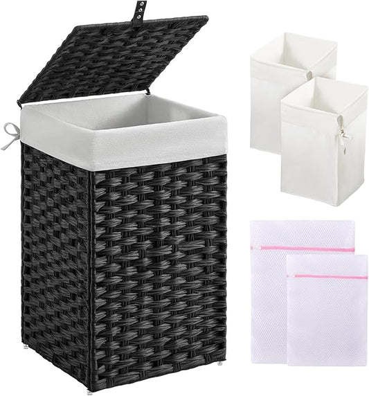 Greenstell Laundry Hamper with Lid, 60L Clothes Hamper with 2 Removable Liner Bags & 2 Mesh Bags, Handwoven Synthetic Rattan Basket, Toys in Bathroom, Bedroom Black