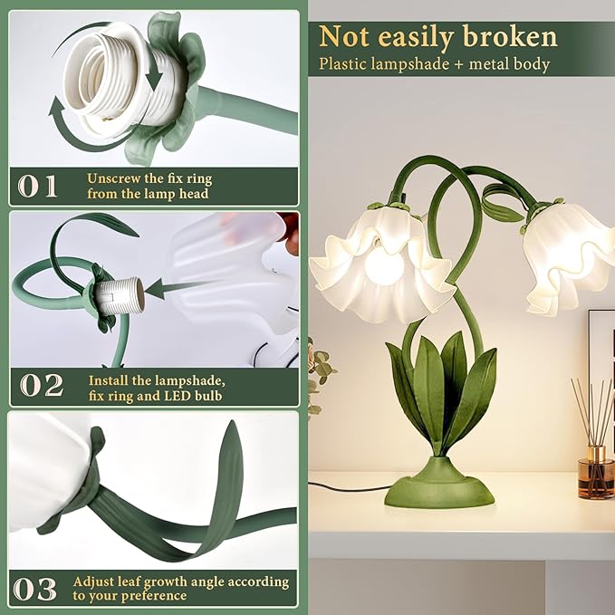 Cute Flower Table Lamp, Bedside Vintage Flower Lamp with LED Bulb, 3 Colors Temperature Reading Light, Table Lamp for Bedroom Living Room Lighting Desk Lamps Home Decoration(Green)