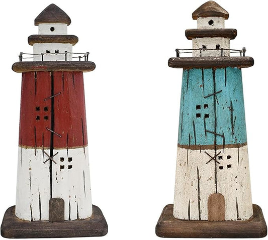 K KILIPES Beach Lighthouse for Bathroom Nautical Home Decor, Wood Lighthouse Table Decoration Coastal Centerpiece Hand Crafted Lighthouse Sculpture Ocean Decorations (Red/Blue, M)