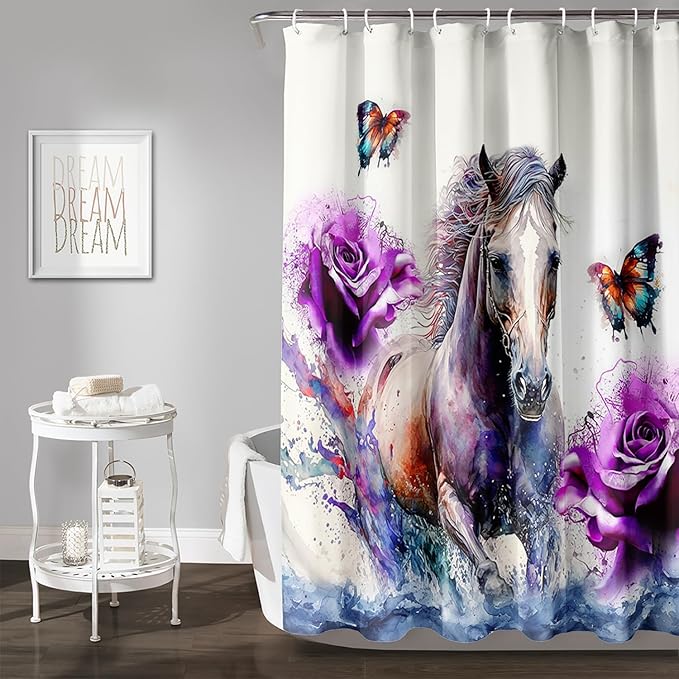 AILONEN 3D Horse Shower Curtain,Galloping Horses with Butterfly Waterproof Fabric Shower Curtains for Bathroom,Oil Purple Rose Bath Curtain Set with Hooks, 60" W*72" H