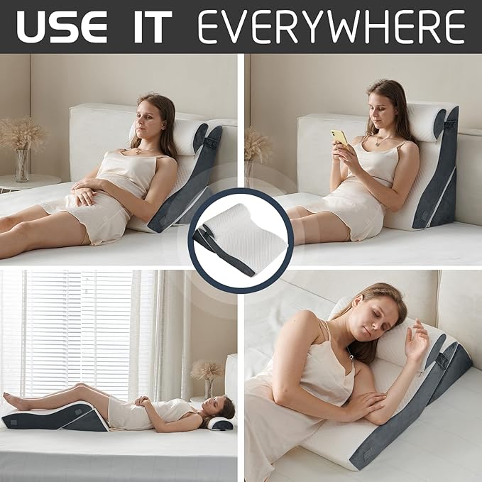 Qirroboni 3PCS Orthopedic Bed Wedge Pillow Set, Adjustable Pillows for Neck, Back and Leg Pain Relief Comfortable & Post Surgery Foam - Heartburn, Anti Snoring, Acid Reflux & GERD Sleeping Light Grey