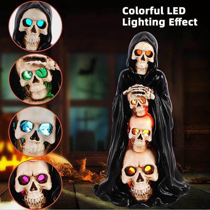 Grim Reaper Skull Halloween Decor - Solar - Powered Resin Statue, Unique Skeleton Head & Skulls Garden Decor, Ideal Spooky Gift