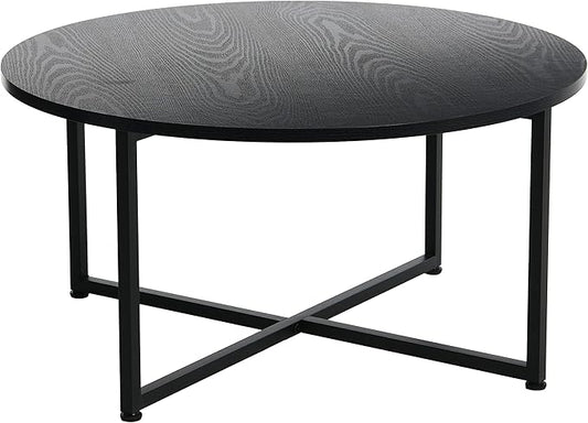 Household Essentials Jamestown Round Coffee Table Black Oak Wood Grain and Black Metal