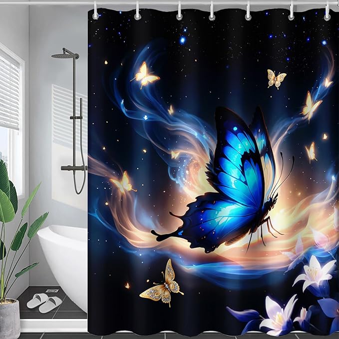 AILONEN Butterfly Shower Curtain,Blue Butterfly Bath Curtain for Girls Kids Women,Glowing Starry Flower Butterfly Decoration Bathroom Waterproof Curtain with 12 Plastic Hooks, 72" W*72" H