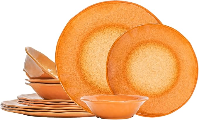 Missyip Melamine Dinnerware Set, Indoor and Outdoor Use Plates and Bowls Sets, Durable 12 Pcs Dishes Sets for 4, BPA Free Dishwasher Safe Not Microwave Not Oven