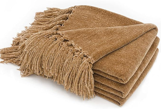 EVERGRACE Soft Chenille Throw Blanket for Couch, Cozy Plush Fuzzy Decorative Chenille Knit Throw Blanket with Tassels, Lightweight Blanket and Throws for Bed Sofa Gift Home Decor, Khaki 50"x60"