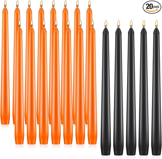 Patelai 20 Pcs Halloween Candles 10 Inch Unscented Dripless Christmas Advent Candle Set 20 Taper Candles Candlestick for Halloween Church Holiday Decoration Seasonal Party(Orange and Black)