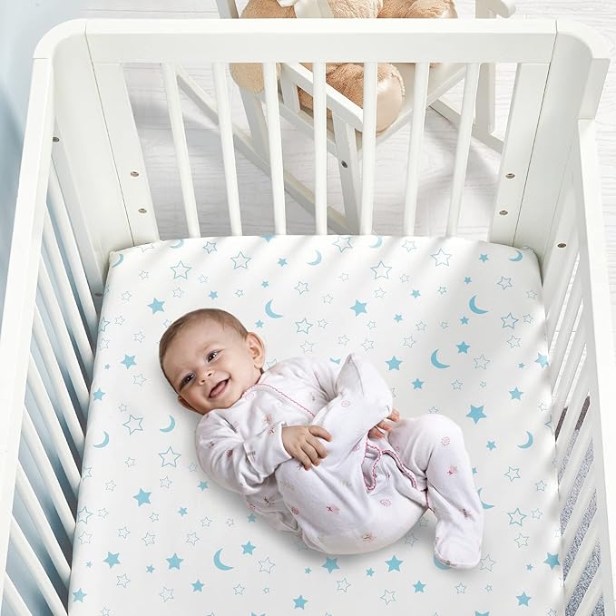 TILLYOU Baby Crib Sheets for Boys Girls, Fitted Crib Sheet 2 Pack for Standard Crib and Toddler Mattresses, Super Soft Toddler Bed Sheets, 28"x52"x8", Blue Clouds & Blue Stars