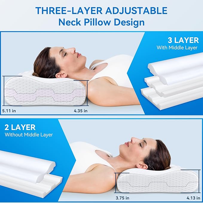Cervical Neck Pillow Queen Size - Sandwich Dynamic Memory Foam Pillow for Sleeping, Adjustable Contour Ergonomic Orthopedic Cooling Pillow for Side, Back & Stomach Sleepers Soft