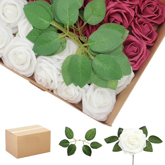 200PCS Wine red & White Artificial Flowers Roses Real Looking Foam Fake Roses with Leaves for DIY Wedding Bouquets Bridal Shower Party Decorations (Wine red & White, 200)